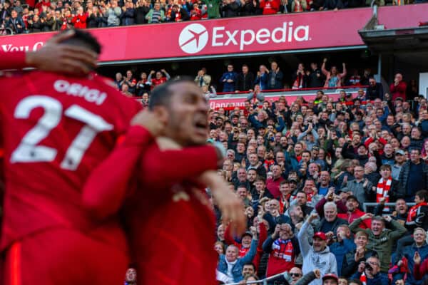 LIVERPOOL, ENGLAND - Sunday, April 24, 2022: Liverpool supporters celebrate the opening goal during the FA Premier League match between Liverpool FC and Everton FC, the 240th Merseyside Derby, at Anfield. Liverpool won 2-0. (Pic by Lindsey Parneby/Propaganda)