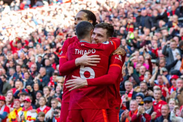 LIVERPOOL, ENGLAND - Sunday, April 24, 2022: Liverpool's Andy Robertson (R) celebrates after scoring the opening goal during the FA Premier League match between Liverpool FC and Everton FC, the 240th Merseyside Derby, at Anfield. Liverpool won 2-0. (Pic by Lindsey Parneby/Propaganda)