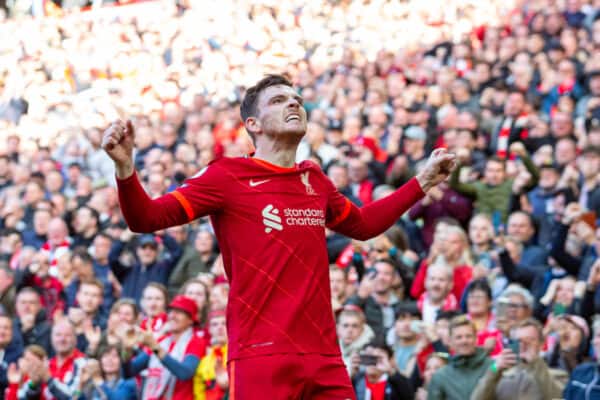 LIVERPOOL, ENGLAND - Sunday, April 24, 2022: Liverpool's Andy Robertson celebrates after scoring the opening goal during the FA Premier League match between Liverpool FC and Everton FC, the 240th Merseyside Derby, at Anfield. Liverpool won 2-0. (Pic by Lindsey Parneby/Propaganda)