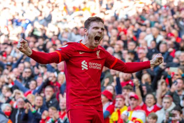 LIVERPOOL, ENGLAND - Sunday, April 24, 2022: Liverpool's Andy Robertson celebrates after scoring the opening goal during the FA Premier League match between Liverpool FC and Everton FC, the 240th Merseyside Derby, at Anfield.  Liverpool won 2-0.  (Pic by Lindsey Parneby / Propaganda)