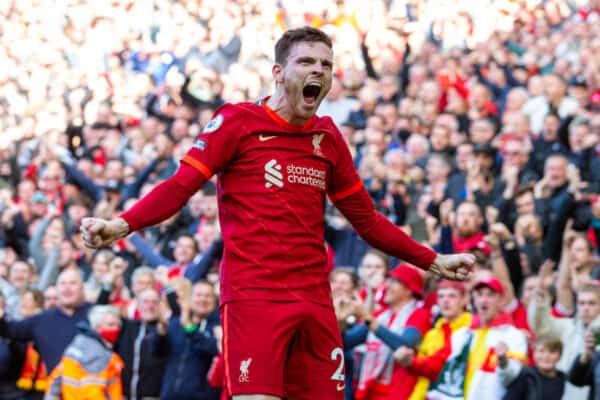 LIVERPOOL, ENGLAND - Sunday, April 24, 2022: Liverpool's Andy Robertson celebrates after scoring the opening goal during the FA Premier League match between Liverpool FC and Everton FC, the 240th Merseyside Derby, at Anfield. Liverpool won 2-0. (Pic by Lindsey Parneby/Propaganda)