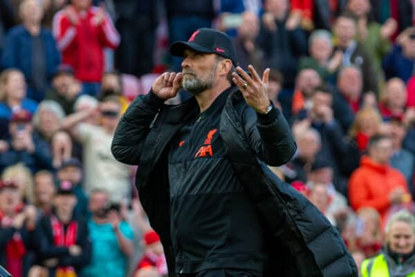 LIVERPOOL, ENGLAND - Sunday, April 24, 2022: Liverpool's manager Jürgen Klopp celebrates after the FA Premier League match between Liverpool FC and Everton FC, the 240th Merseyside Derby, at Anfield. Liverpool won 2-0. (Pic by Lindsey Parneby/Propaganda)