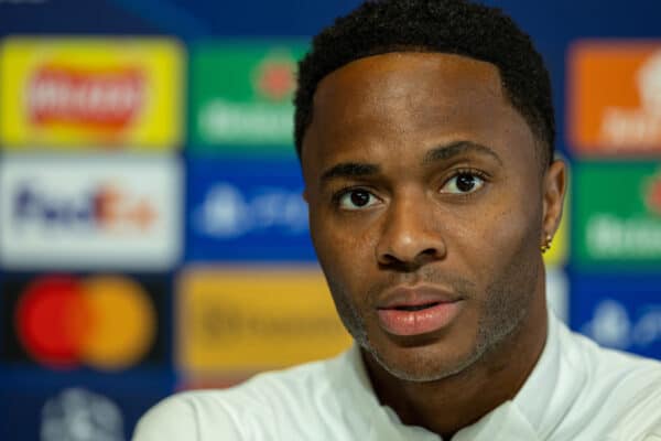 MANCHESTER, ENGLAND - Monday, April 25, 2022: Manchester City's Raheem Sterling during a press conference at the City Football Academy ahead of the UEFA Champions League Semi-Final 1st Leg game between Manchester City FC and Real Madrid CF. (Pic by David Rawcliffe/Propaganda)