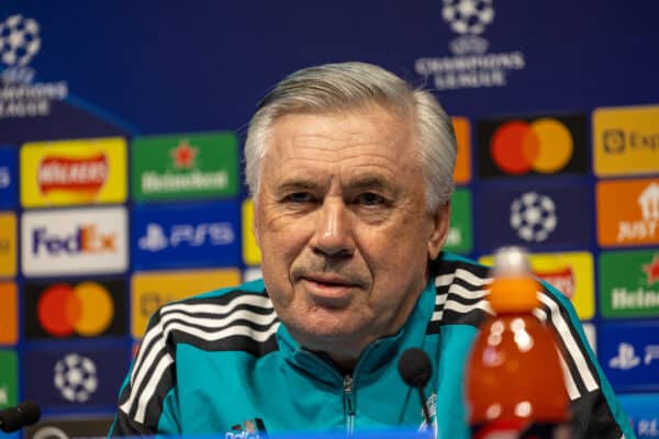 MANCHESTER, ENGLAND - Monday, April 25, 2022: Real Madrid's head coach Carlo Ancelotti during a press conference at the City of Manchester Stadium ahead of the UEFA Champions League Semi-Final 1st Leg game between Manchester City FC and Real Madrid CF. (Pic by David Rawcliffe/Propaganda)