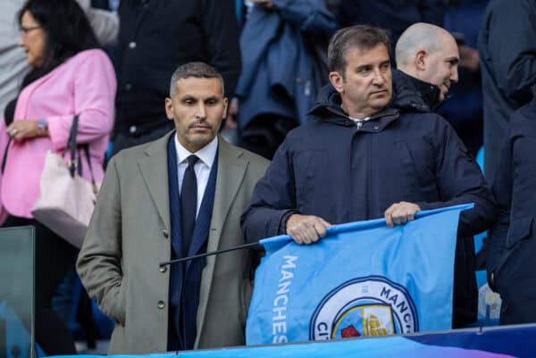 MANCHESTER, ENGLAND - Tuesday, April 26, 2022: Manchester City's chairman Khaldoon Al Mubarak (L) and Chief Executive Officer Ferran Soriano (R) during the UEFA Champions League Semi-Final 1st Leg game between Manchester City FC and Real Madrid CF at the City of Manchester Stadium. Manchester City won 4-3. (Pic by David Rawcliffe/Propaganda)
