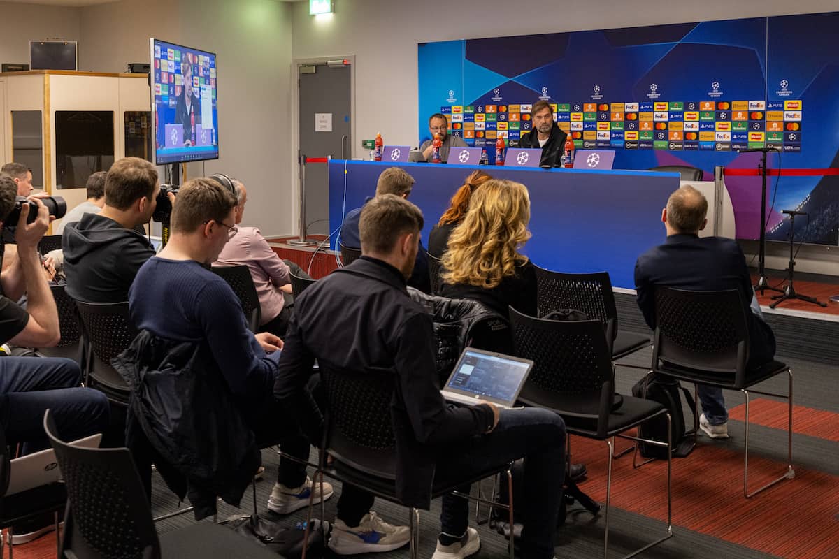 LIVERPOOL, ENGLAND - Tuesday, April 26, 2022: Media attened a press conference at Anfield with Liverpool manager Jürgen Klopp ahead of the UEFA Champions League Semi-Final 1st Leg game between Liverpool FC and Villarreal CF. (Pic by David Rawcliffe/Propaganda)