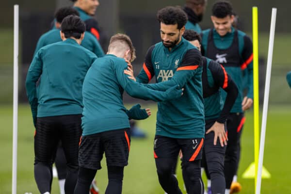 LIVERPOOL, ENGLAND - Tuesday, April 26, 2022: Liverpool's Mohamed Salah (R) and Harvey Elliott during a training session at the AXA Training Centre ahead of the UEFA Champions League Semi-Final 1st Leg game between Liverpool FC and Villarreal CF. (Pic by David Rawcliffe/Propaganda)