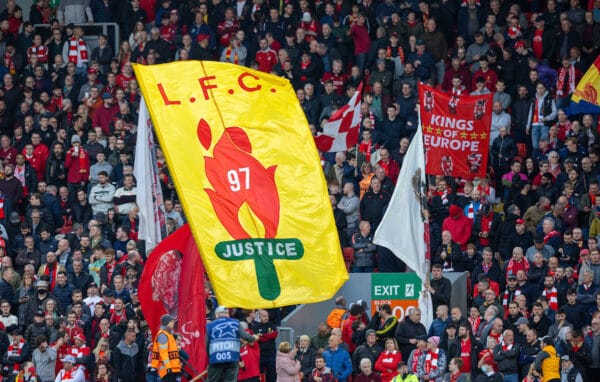 LIVERPOOL, ENGLAND - Wednesday, April 28, 2022: Liverpool supporters' "LFC 97 Justice" banner during the UEFA Champions League Semi-Final 1st Leg game between Liverpool FC and Villarreal CF at Anfield. (Pic by David Rawcliffe/Propaganda)