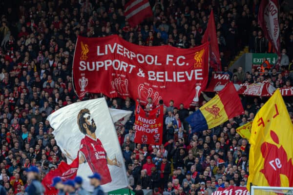 LIVERPOOL, ENGLAND - Wednesday, April 28, 2022: Liverpool supporters on the Spion Kop before the UEFA Champions League Semi-Final 1st Leg game between Liverpool FC and Villarreal CF at Anfield. Liverpool won 2-0. (Pic by David Rawcliffe/Propaganda)