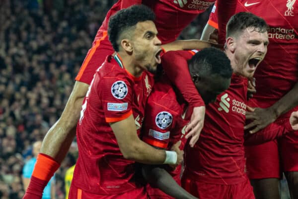 LIVERPOOL, ENGLAND - Wednesday, April 28, 2022: Liverpool's Sadio Mané (3rd from L) celebrates with team-mates Luis Diaz, Thiago Alcântara, Andy Robertson and Ibrahima Konaté after scoring the second goal during the UEFA Champions League Semi-Final 1st Leg game between Liverpool FC and Villarreal CF at Anfield. Liverpool won 2-0. (Pic by David Rawcliffe/Propaganda)