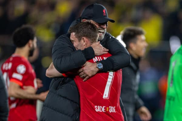 VILLARREAL, SPAIN - Tuesday, May 3, 2022: Liverpool's manager Jürgen Klopp (R) celebrates with James Milner as his side reach the Final after beating Villarreal during the UEFA Champions League Semi-Final 2nd Leg game between Villarreal CF and Liverpool FC at the Estadio de la Cerámica. Liverpool won 3-2 (5-2 on aggregate).(Pic by David Rawcliffe/Propaganda)