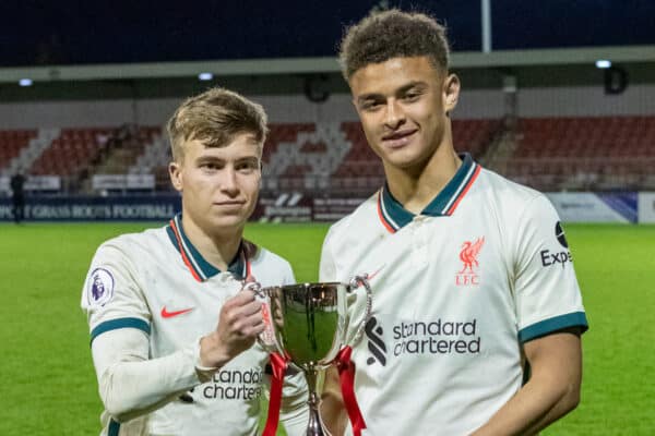 LEYLAND, ENGLAND - Wednesday, May 4, 2022: Liverpool's Jack Bearne (L) and Fidel O'Rourke (R) with the trophy after winning 1-0 in the Lancashire Senior Cup Final match between Burnley FC Under-23's and Liverpool FC Under-23's at the County Ground. (Pic by Sam Fielding/Propaganda)