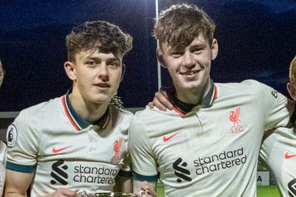 LEYLAND, ENGLAND - Wednesday, May 4, 2022: Liverpool's (L-R) James Norris, Owen Beck, Conor Bradley and Leighton Clarkson with the trophy after winning 1-0 in the Lancashire Senior Cup Final match between Burnley FC Under-23's and Liverpool FC Under-23's at the County Ground. (Pic by Sam Fielding/Propaganda)