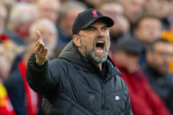 LIVERPOOL, ENGLAND - Saturday, May 7, 2022: Liverpool's manager Jürgen Klopp during the FA Premier League match between Liverpool FC and Tottenham Hotspur FC at Anfield. The game ended in a 1-1 draw. (Pic by David Rawcliffe/Propaganda)