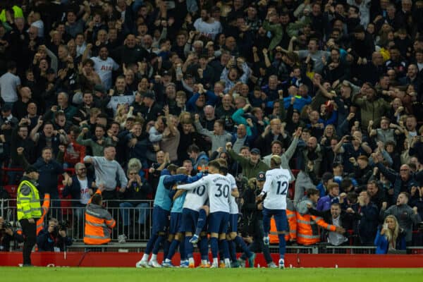 LIVERPOOL, ENGLAND - Saturday, May 7, 2022: Tottenham Hotspur's Son Heung-min celebrates after scoring the opening goal during the FA Premier League match between Liverpool FC and Tottenham Hotspur FC at Anfield. The game ended in a 1-1 draw. (Pic by David Rawcliffe/Propaganda)