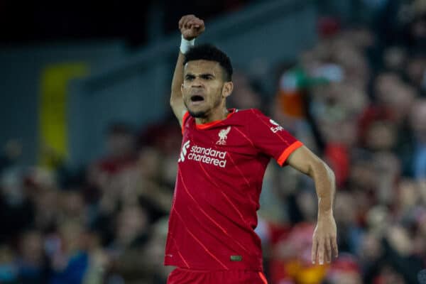 LIVERPOOL, ENGLAND - Saturday, May 7, 2022: Liverpool's Luis Díaz celebrates after scoring the equalising goal during the FA Premier League match between Liverpool FC and Tottenham Hotspur FC at Anfield. The game ended in a 1-1 draw. (Pic by David Rawcliffe/Propaganda)