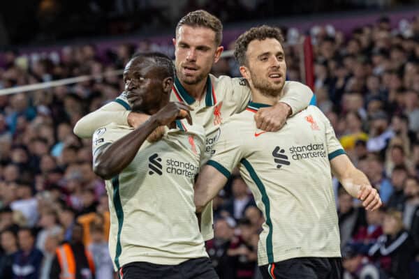 BIRMINGHAM, ENGLAND - Tuesday, May 10, 2022: Liverpool's Sadio Mané (L) celebrates with team-mates captain Jordan Henderson (C) and Diogo Jota (R) after scoring the second goal during the FA Premier League match between Aston Villa FC and Liverpool FC at Villa Park. (Pic by David Rawcliffe/Propaganda)