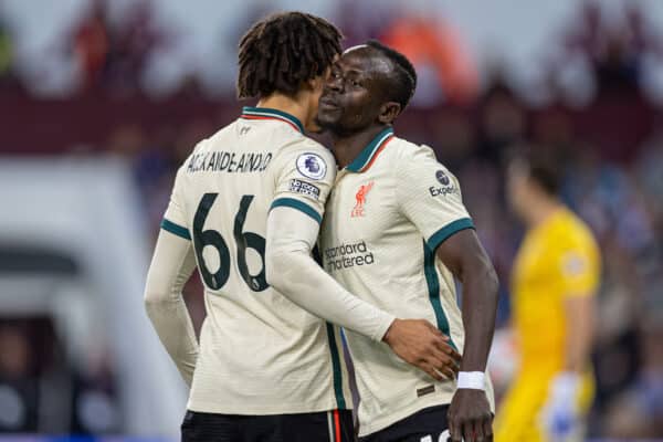 BIRMINGHAM, ENGLAND - Tuesday, May 10, 2022: Liverpool's Sadio Mané (R) celebrates after scoring the second goal with team-mate Trent Alexander-Arnold during the FA Premier League match between Aston Villa FC and Liverpool FC at Villa Park. (Pic by David Rawcliffe/Propaganda)