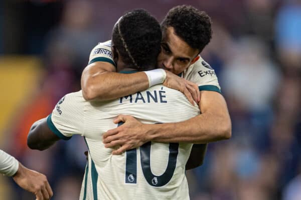 BIRMINGHAM, ENGLAND - Tuesday, May 10, 2022: Liverpool's Sadio Mané celebrates with team-mate Luis Díaz (R) after scoring the second goal during the FA Premier League match between Aston Villa FC and Liverpool FC at Villa Park. (Pic by David Rawcliffe/Propaganda)