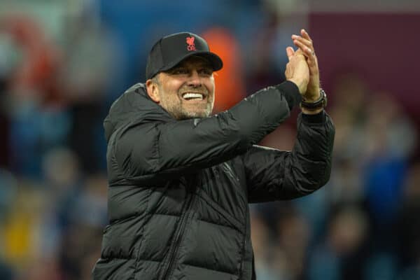 BIRMINGHAM, ENGLAND - Tuesday, May 10, 2022: Liverpool's manager Jürgen Klopp celebrates after the FA Premier League match between Aston Villa FC and Liverpool FC at Villa Park. Liverpool won 2-1. (Pic by David Rawcliffe/Propaganda)