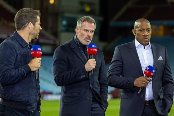 BIRMINGHAM, ENGLAND - Tuesday, May 10, 2022: Former Liverpool player Jamie Carragher (C) working for Sky Sports with Jamie Redknapp (L) and Dion Dublin (R) during the FA Premier League match between Aston Villa FC and Liverpool FC at Villa Park. (Pic by David Rawcliffe/Propaganda)