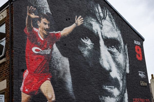 LIVERPOOL, ENGLAND - Thursday, May 19, 2022: A street art mural of Liverpool FC's all-time leading goal-scorer Ian Rush on the side of a house on Anfield Road next to the club's stadium. Ian Rush played 660 games for Liverpool and scored 346 goals as well as winning 73 international caps for Wales. (Pic by David Rawcliffe/Propaganda)