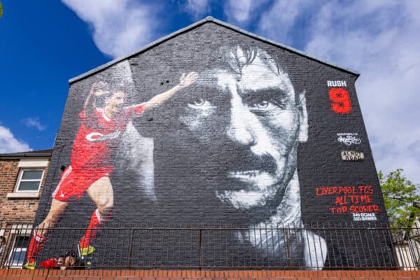 LIVERPOOL, ENGLAND - Thursday, May 19, 2022: A street art mural of Liverpool FC's all-time leading goal-scorer Ian Rush on the side of a house on Anfield Road next to the club's stadium. Ian Rush played 660 games for Liverpool and scored 346 goals as well as winning 73 international caps for Wales. (Pic by David Rawcliffe/Propaganda)