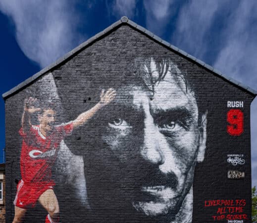 LIVERPOOL, ENGLAND - Thursday, May 19, 2022: A street art mural of Liverpool FC's all-time leading goal-scorer Ian Rush on the side of a house on Anfield Road next to the club's stadium. Ian Rush played 660 games for Liverpool and scored 346 goals as well as winning 73 international caps for Wales. (Pic by David Rawcliffe/Propaganda)