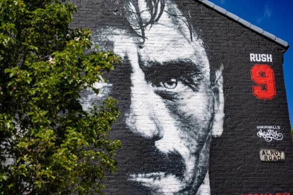 LIVERPOOL, ENGLAND - Thursday, May 19, 2022: A street art mural of Liverpool FC's all-time leading goal-scorer Ian Rush on the side of a house on Anfield Road next to the club's stadium. Ian Rush played 660 games for Liverpool and scored 346 goals as well as winning 73 international caps for Wales. (Pic by David Rawcliffe/Propaganda)