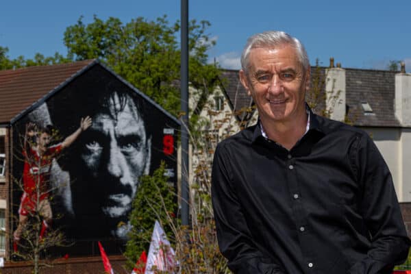 LIVERPOOL, ENGLAND - Thursday, May 19, 2022: Former Liverpool player Ian Rush poses in front of a mural of himself on the side of a house on Anfield Road next to the club's stadium. Ian Rush was the club's leading goal-scorer and played 660 games scoring 346 goals as well as winning 73 international caps for Wales. (Pic by David Rawcliffe/Propaganda)