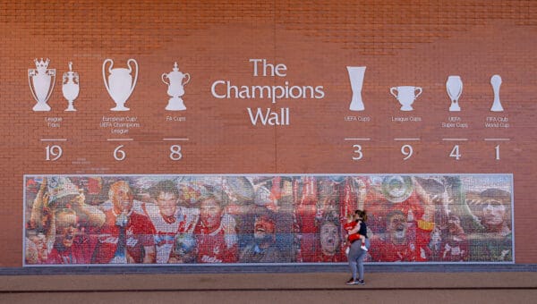 LIVERPOOL, ENGLAND - Thursday, May 19, 2022: Liverpool's Champions Wall is updated after the club won their eighth FA Cup trophy, beating Chelsea on penalties. (Pic by David Rawcliffe/Propaganda)