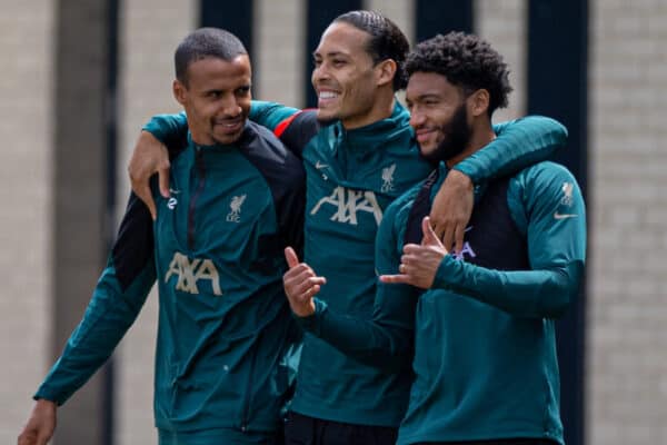 LIVERPOOL, ENGLAND - Wednesday, May 25, 2022: Liverpool's Joel Matip, Virgil van Dijk and Joe Gomez during a training session at the AXA Training Centre ahead of the UEFA Champions League Final game between Liverpool FC and Real Madrid CF. (Pic by David Rawcliffe/Propaganda)