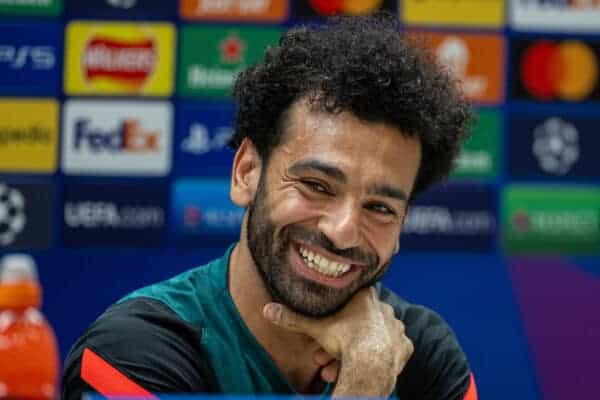 LIVERPOOL, ENGLAND - Wednesday, May 25, 2022: Liverpool's Mohamed Salah during a press conference at the AXA Training Centre ahead of the UEFA Champions League Final game between Liverpool FC and Real Madrid CF. (Pic by David Rawcliffe/Propaganda)