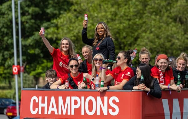 LIVERPOOL, ENGLAND - Sunday, May 29, 2022: Liverpool's women players during their open top bus parade with the FA Women's Championship trophy. Melissa Lawley, Rhiannon Roberts, Taylor Hinds. (Photo by David Rawcliffe/Propaganda)