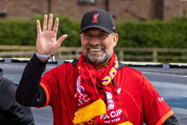 LIVERPOOL, ENGLAND - Sunday, May 29, 2022: Liverpool's manager Jürgen Klopp during an open top bus parade around the city after the club won the Cup Double, the FA Cup and the Football League Cup. (Photo by David Rawcliffe/Propaganda)