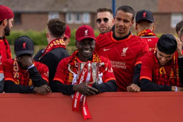 LIVERPOOL, ENGLAND - Sunday, May 29, 2022: Liverpool's Sadio Mané and Joel Matip during an open top bus parade around the city after the club won the Cup Double, the FA Cup and the Football League Cup. (Photo by David Rawcliffe/Propaganda)