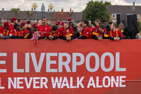 LIVERPOOL, ENGLAND - Sunday, May 29, 2022: Liverpool's Sadio Mané, Joel Matip, first-team development coach Pepijn Lijnders, manager Jürgen Klopp, assistant manager Peter Krawietz during an open top bus parade around the city after the club won the Cup Double, the FA Cup and the Football League Cup. (Photo by David Rawcliffe/Propaganda)