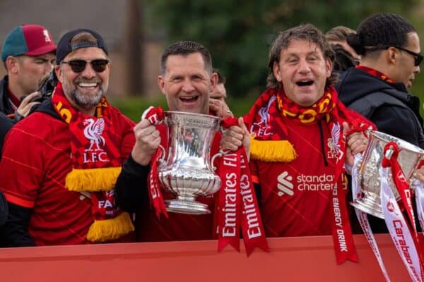 LIVERPOOL, ENGLAND - Sunday, May 29, 2022: Liverpool's manager Jürgen Klopp, goalkeeping coach John Achterberg, assistant manager Peter Krawietz and first-team assistant goalkeeping coach Jack Robinson during a parade around the city after the club won the Cup Double, the FA Cup abd Football League Cup. (Photo by David Rawcliffe/Propaganda)