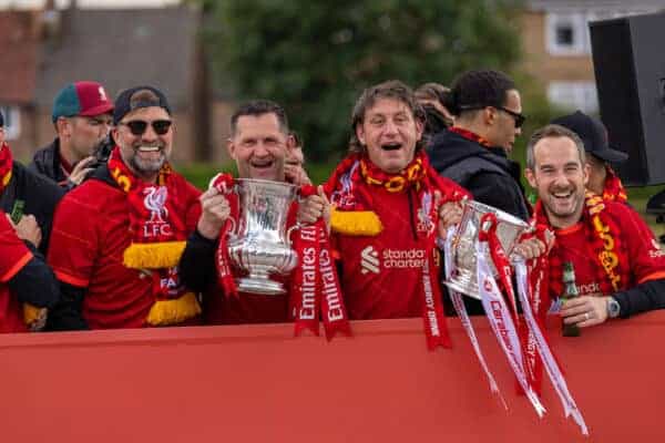 LIVERPOOL, ENGLAND - Sunday, May 29, 2022: Liverpool's manager Jürgen Klopp, goalkeeping coach John Achterberg, assistant manager Peter Krawietz and first-team assistant goalkeeping coach Jack Robinson during a parade around the city after the club won the Cup Double, the FA Cup abd Football League Cup. (Photo by David Rawcliffe/Propaganda)