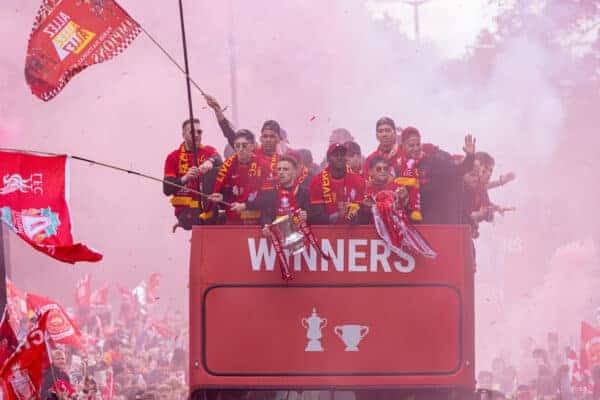 LIVERPOOL, ENGLAND - Sunday, May 29, 2022: Liverpool players celebrate during an open top bus parade around the city after the club won the Cup Double, the FA Cup and the Football League Cup. goalkeeper Adrián San Miguel del Castillo, Kostas Tsimikas, Fabio Henrique Tavares 'Fabinho', Diogo Jota, Ibrahima Konaté, Luis Díaz, Roberto Firmino, Thiago Alcântara. (Photo by David Rawcliffe/Propaganda)