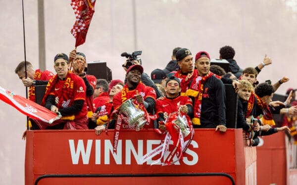 LIVERPOOL, ENGLAND - Sunday, May 29, 2022: Liverpool players celebrate during an open top bus parade around the city after the club won the Cup Double, the FA Cup and the Football League Cup. goalkeeper Adrián San Miguel del Castillo, Kostas Tsimikas, Diogo Jota, Ibrahima Konaté, Luis Díaz, Roberto Firmino, Thiago Alcântara. (Photo by David Rawcliffe/Propaganda)