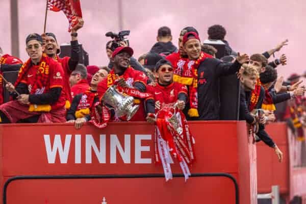 LIVERPOOL, ENGLAND - Sunday, May 29, 2022: Liverpool players celebrate during an open top bus parade around the city after the club won the Cup Double, the FA Cup and the Football League Cup. Kostas Tsimikas, Fabio Henrique Tavares 'Fabinho', Diogo Jota, Ibrahima Konaté, Luis Díaz, Roberto Firmino, Thiago Alcântara. (Photo by David Rawcliffe/Propaganda)