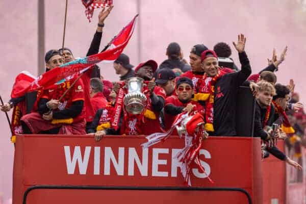 LIVERPOOL, ENGLAND - Sunday, May 29, 2022: Liverpool players celebrate during an open top bus parade around the city after the club won the Cup Double, the FA Cup and the Football League Cup. Ibrahima Konaté, Luis Díaz, Thiago Alcântara. (Photo by David Rawcliffe/Propaganda)