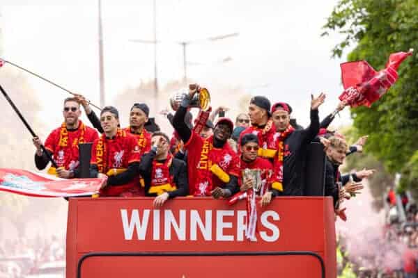 LIVERPOOL, ENGLAND - Sunday, May 29, 2022: Liverpool players celebrate during an open top bus parade around the city after the club won the Cup Double, the FA Cup and the Football League Cup. Goalkeeper Adrián San Miguel del Castillo, Kostas Tsimikas, Fabio Henrique Tavares 'Fabinho', Diogo Jota, Ibrahima Konaté, Luis Díaz, Roberto Firmino, Thiago Alcântara. (Photo by David Rawcliffe/Propaganda)