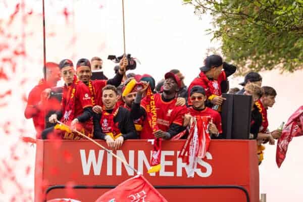 LIVERPOOL, ENGLAND - Sunday, May 29, 2022: Liverpool players celebrate during an open top bus parade around the city after the club won the Cup Double, the FA Cup and the Football League Cup. Goalkeeper Adrián San Miguel del Castillo, Kostas Tsimikas, Fabio Henrique Tavares 'Fabinho', Diogo Jota, Ibrahima Konaté, Luis Díaz, Roberto Firmino, Thiago Alcântara. (Photo by David Rawcliffe/Propaganda)