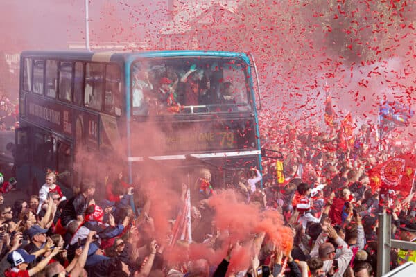 LIVERPOOL, ENGLAND - Sunday, May 29, 2022: Liverpool supporters celebrate during an open top bus parade around the city after the club won the Cup Double, the FA Cup and the Football League Cup. (Photo by David Rawcliffe/Propaganda)