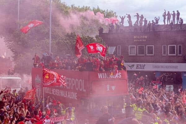 LIVERPOOL, ENGLAND - Sunday, May 29, 2022: Liverpool players celebrate during an open top bus parade around the city after the club won the Cup Double, the FA Cup and the Football League Cup. (Photo by David Rawcliffe/Propaganda)