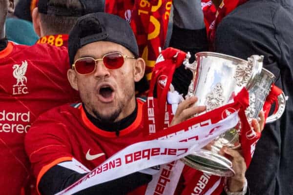 LIVERPOOL, ENGLAND - Sunday, May 29, 2022: Liverpool's Kostas Tsimikas, Fabio Henrique Tavares 'Fabinho', Diogo Jota, Ibrahima Konaté, Luis Díaz celebrate during an open top bus parade around the city after the club won the Cup Double, the FA Cup and the Football League Cup. (Photo by David Rawcliffe/Propaganda)