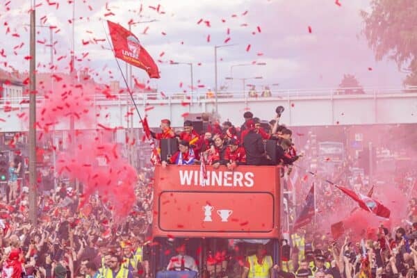LIVERPOOL, ENGLAND - Sunday, May 29, 2022: Liverpool players celebrate during an open top bus parade around the city after the club won the Cup Double, the FA Cup and the Football League Cup. (Photo by David Rawcliffe/Propaganda)