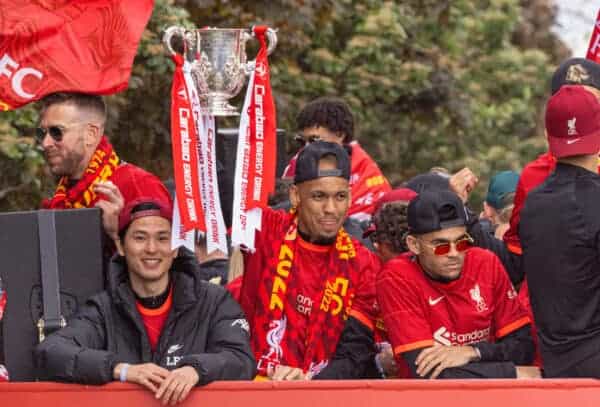  Liverpool's Takumi Minamino, Fabio Henrique Tavares 'Fabinho' and Luis Díaz celebrate during an open top bus parade around the city after the club won the Cup Double, the FA Cup and the Football League Cup. (Photo by David Rawcliffe/Propaganda)